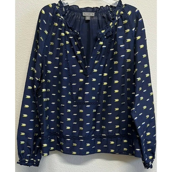 J. Crew Point Sur Poplin Blouse Arrow Gold metallic Print Navy Size M - Picture 2 of 7